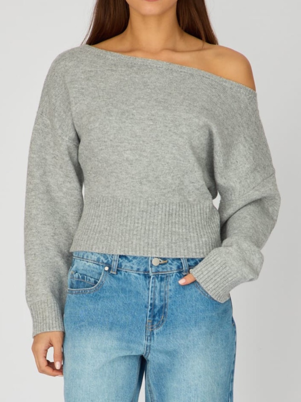 Cozy Off-the-Shoulder Ribbed Top in Light Gray Small